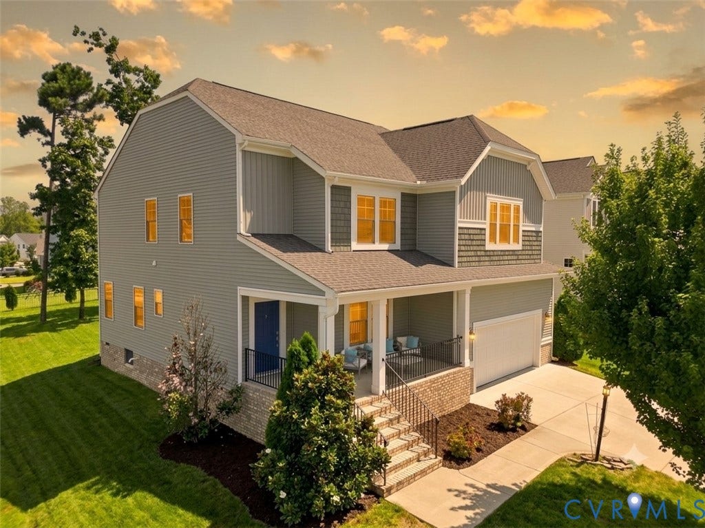 6400 Richwood Trail, Aston Oaks (Section 1), Chesterfield, VA 23120 Two-story residence featuring light gray siding, a covered front porch, and an attached two-car garage
