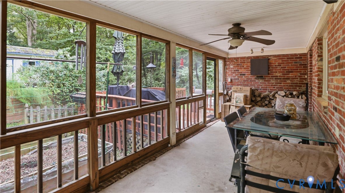 11201 Monday Way, Chesterfield, VA 23112 Screened porch with exposed brick wall, wood-paneled ceiling, and ceiling fan