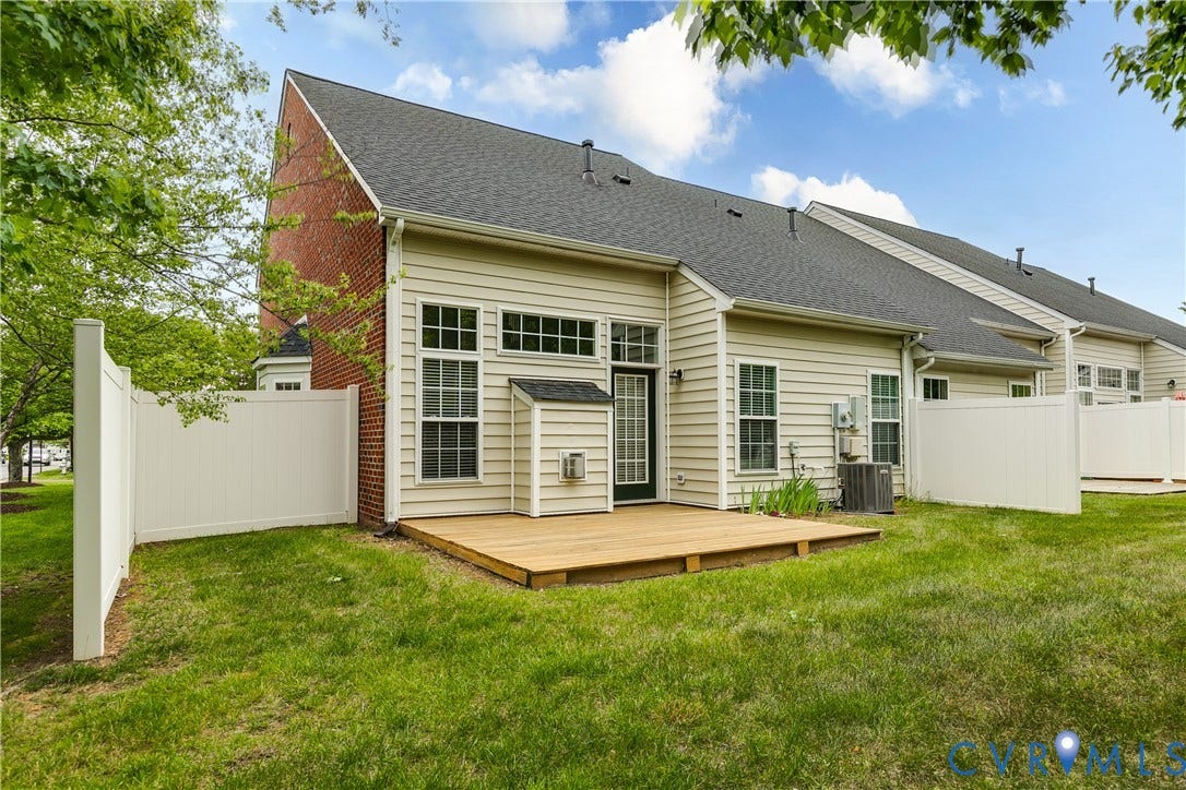 10607 Gate House Court, Glen Allen, VA 23059 Exterior featuring a wood deck, vinyl siding, a brick accent wall, and a white privacy fence