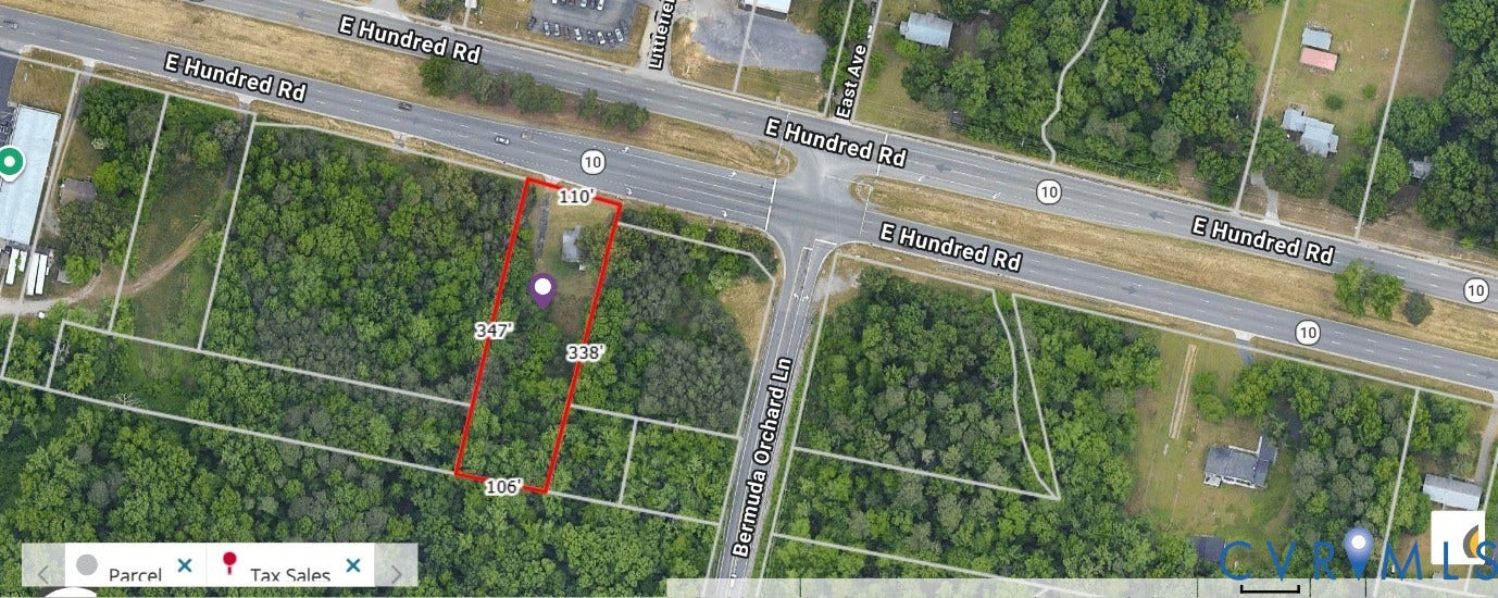 421 E Hundred Road, Chester/ Bermuda Area, Chester, VA 23836 Property Boundary Map. Depicting the property's perimeter and its location relative to adjacent roads and parcels