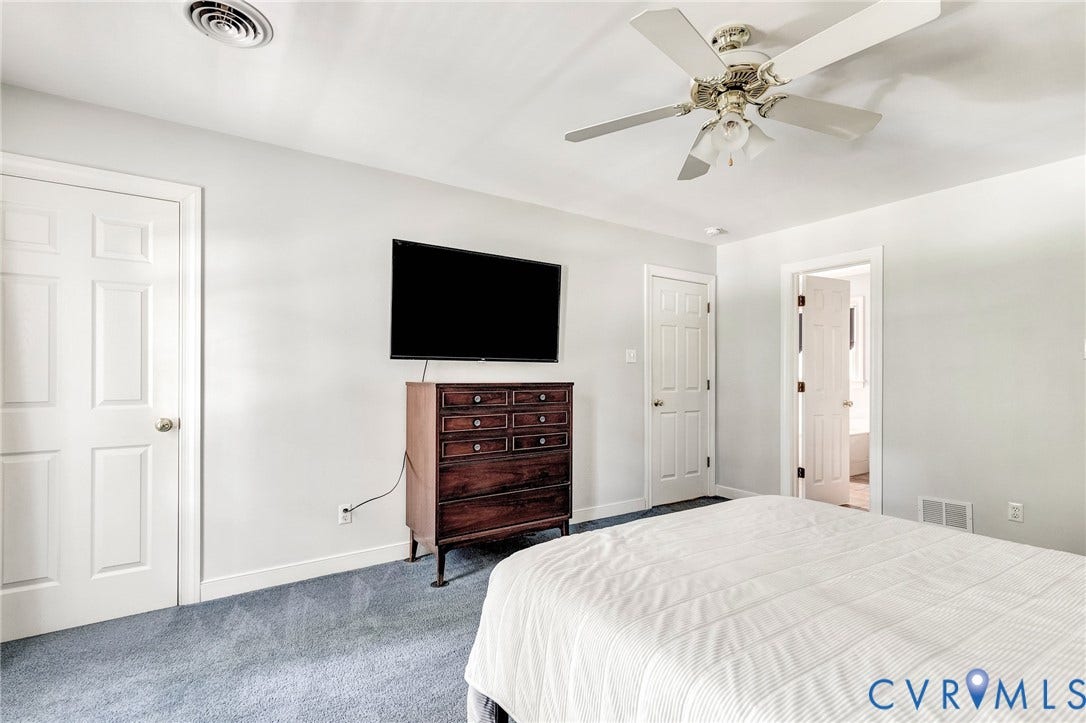 16406 Inchcape Road, Chesterfield, VA 23120 Recessed ceiling fan with integrated lighting, soft blue carpeting, and white paneled doors