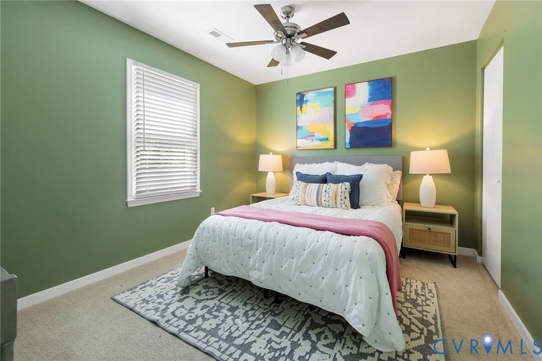 2308 Strangford Court, Henrico, VA 23233 Carpeted flooring, window with blinds, ceiling fan with light fixture, and closet with white door