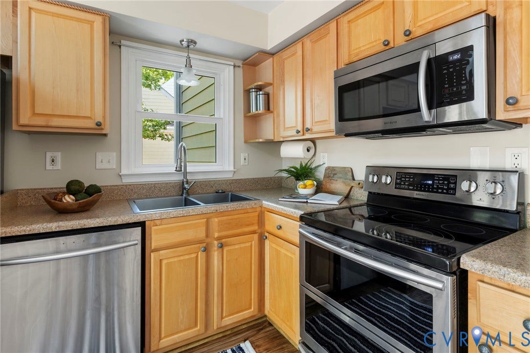2308 Strangford Court, Henrico, VA 23233 Kitchen featuring stainless steel appliances, light wood cabinetry, a double basin sink, and laminate countertops
