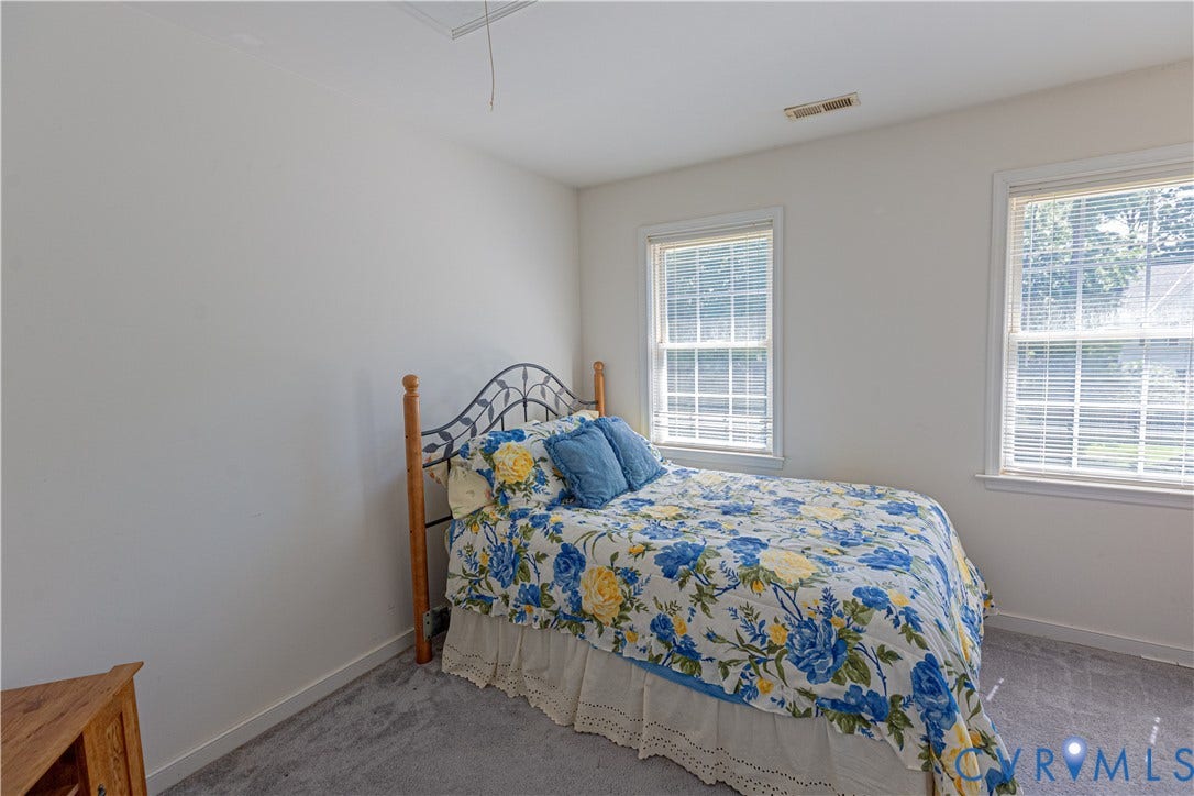Room with light gray wall paint, two white-framed windows, and light gray carpeting