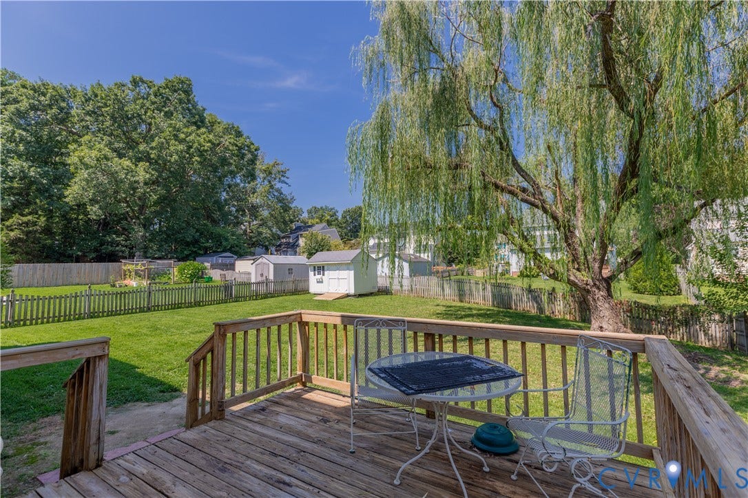 Expansive backyard featuring a large tree, a fenced perimeter, and a wooden deck