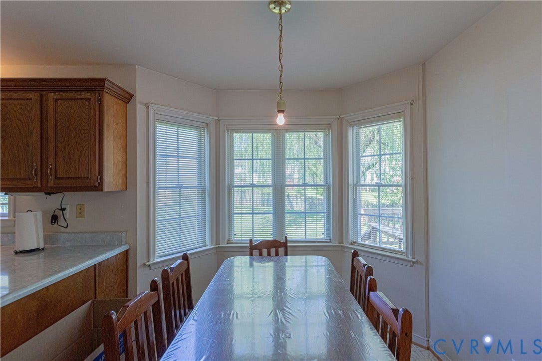 Bay window with multiple panes and horizontal blinds