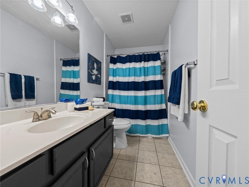 6712 N Hedges Road, Chesterfield, VA 23224 Full bathroom featuring a single vanity with dark cabinetry, an integrated sink, and a brushed nickel faucet