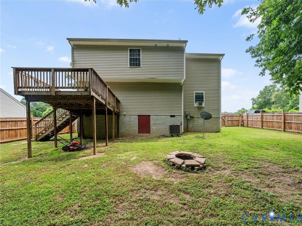 6712 N Hedges Road, Chesterfield, VA 23224 Expansive backyard featuring a wood deck with stairs, a stone fire pit, and wood privacy fencing