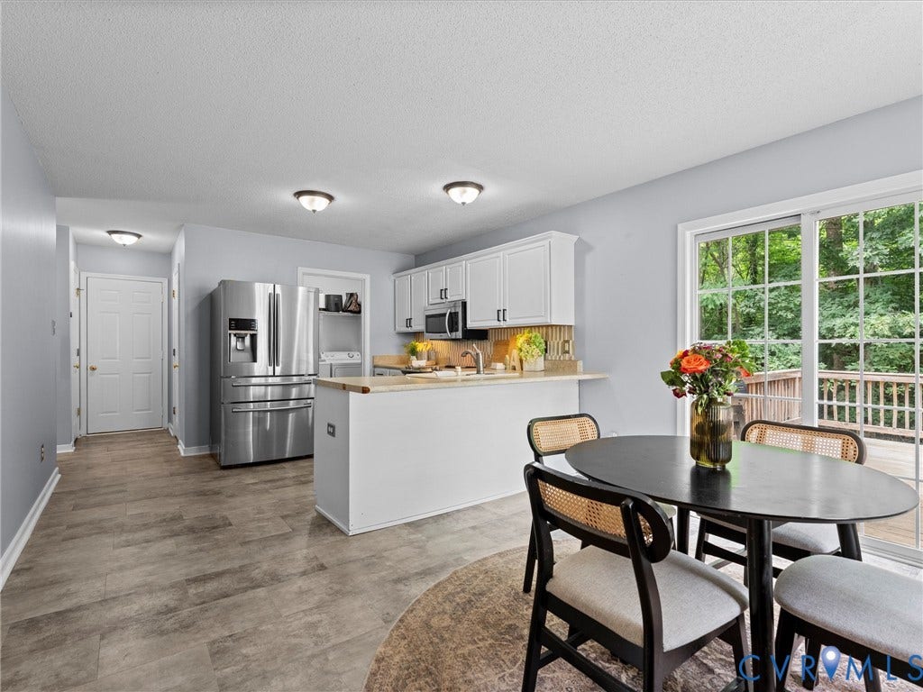 6712 N Hedges Road, Chesterfield, VA 23224 Bright kitchen with white cabinetry, stainless steel appliances, wood-finish countertops, and a full-height tile backsplash