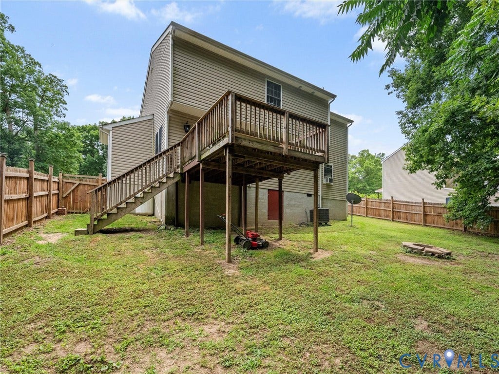 6712 N Hedges Road, Chesterfield, VA 23224 Spacious backyard featuring a wood deck with stairs, surrounded by a wood privacy fence
