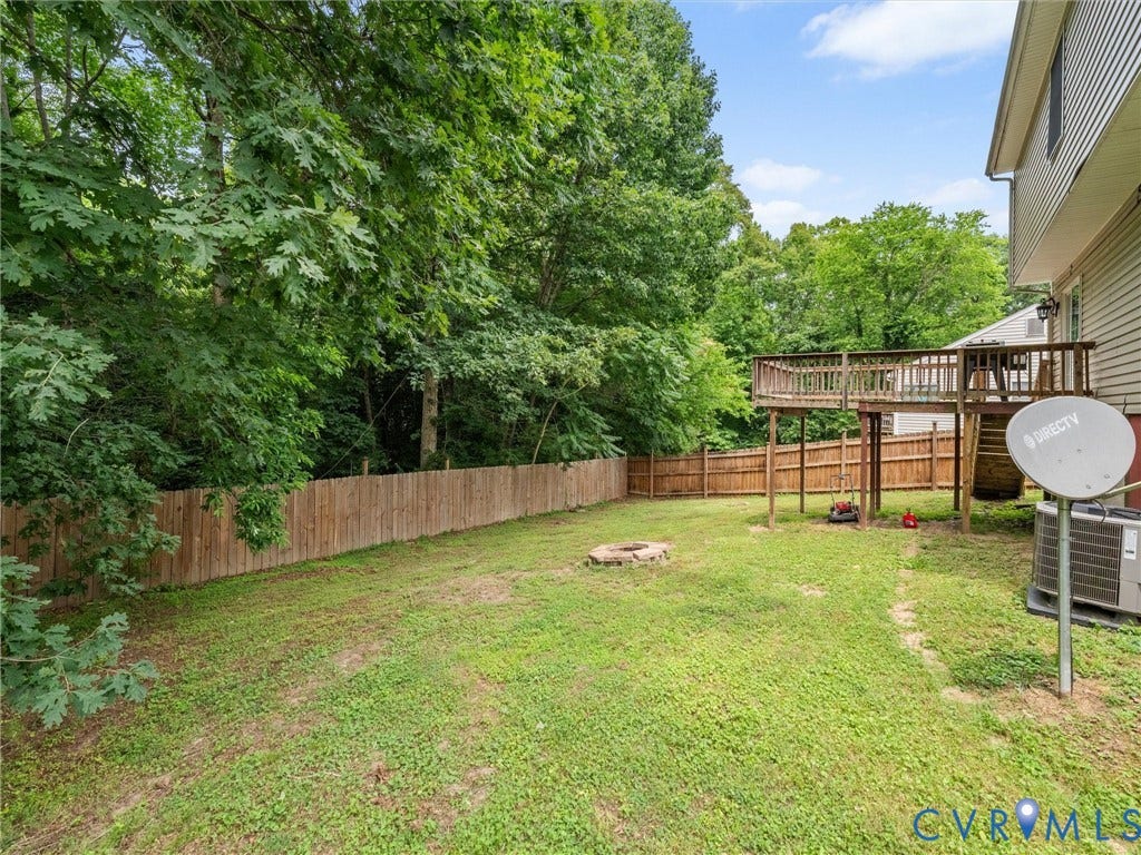 6712 N Hedges Road, Chesterfield, VA 23224 Expansive backyard featuring a multi-level wood deck, a wooden privacy fence, mature trees, and a built-in fire pit