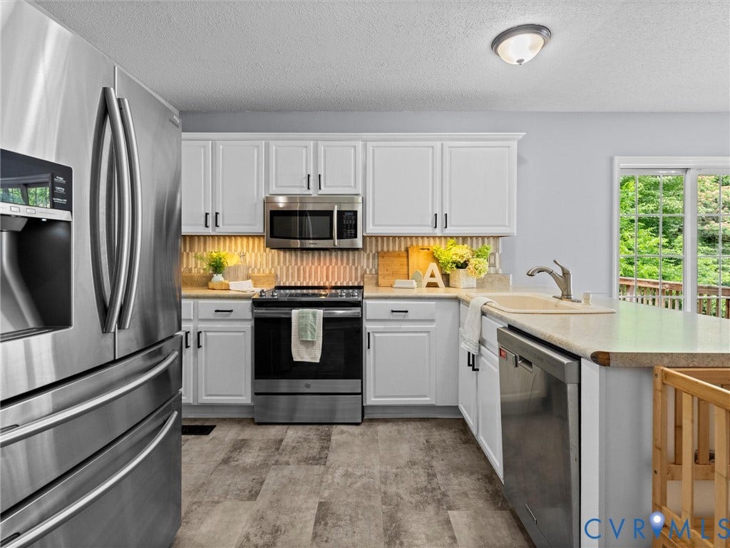 6712 N Hedges Road, Chesterfield, VA 23224 Modern kitchen featuring white cabinetry, stainless steel appliances, a tile backsplash, wood-finish flooring, and a sliding glass door to exterior