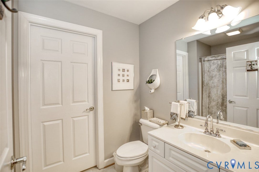 6311 Chiswick Park, Williamsburg, VA 23188 Vanity with an integrated sink, a large wall-mounted mirror, and a three-light fixture