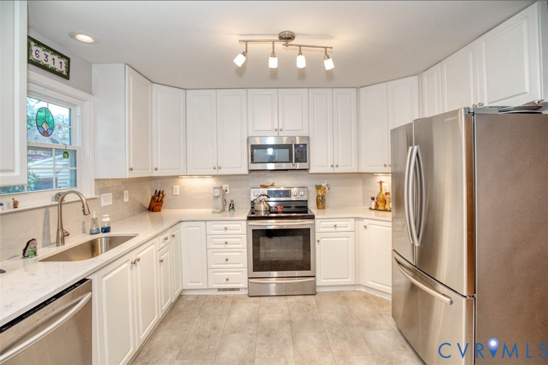 6311 Chiswick Park, Williamsburg, VA 23188 White cabinetry, stainless steel appliances, light-toned countertops, and a tiled backsplash