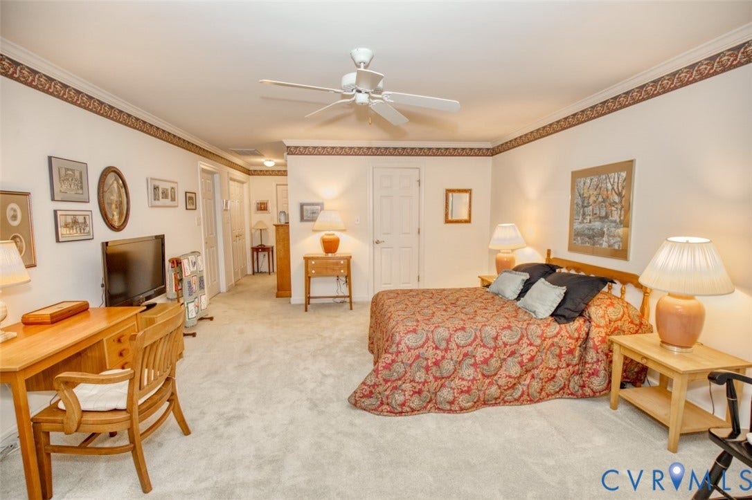 6311 Chiswick Park, Williamsburg, VA 23188 Spacious primary bedroom with soft carpet flooring, ceiling fan with integrated lighting, and abundant natural light from multiple windows