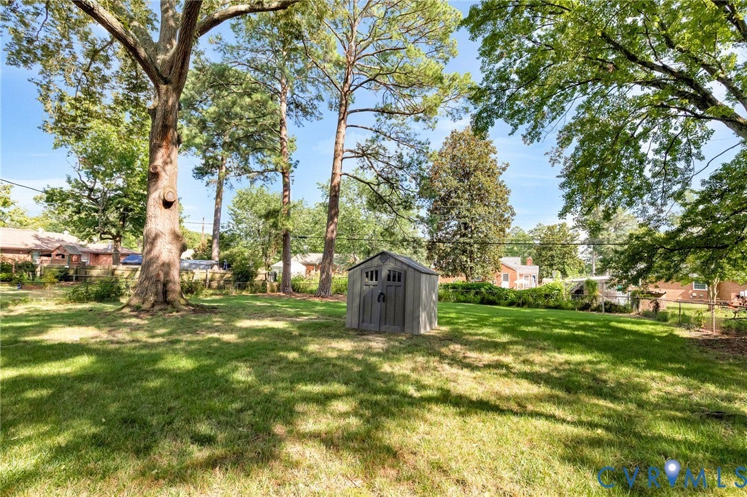 2807 Rothland Drive, Henrico, VA 23294 Expansive grassy yard with mature trees and a storage shed