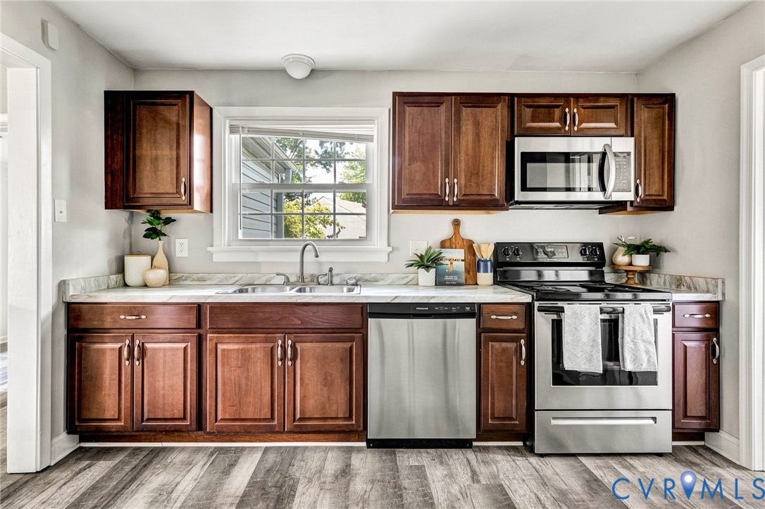 2807 Rothland Drive, Henrico, VA 23294 Wood-finish flooring, wood cabinetry, stainless steel appliances, single basin sink, and a window for natural light