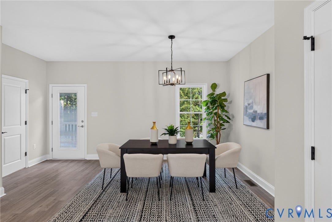 6537 Hardee Haven Place, Midlothian, VA 23112 Light gray wall finishes, wood-finish flooring, a contemporary chandelier, white trim, and a glass-paneled door