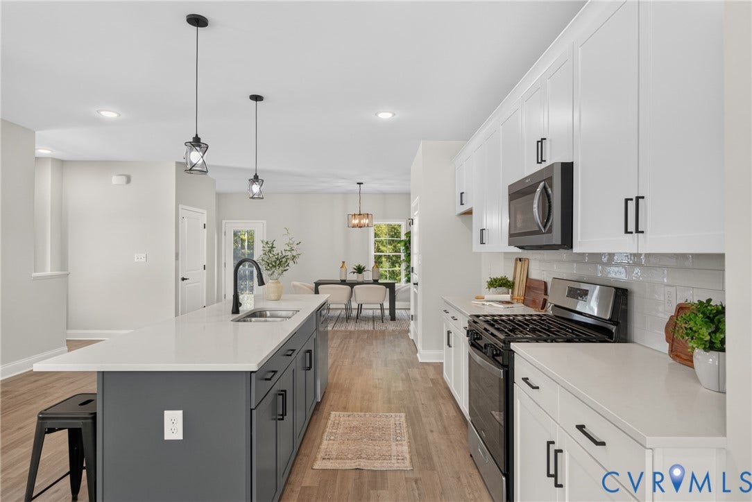 6537 Hardee Haven Place, Midlothian, VA 23112 Kitchen featuring a central island with a sink, white countertops, white upper and lower cabinetry, stainless steel appliances, and wood-finish flooring