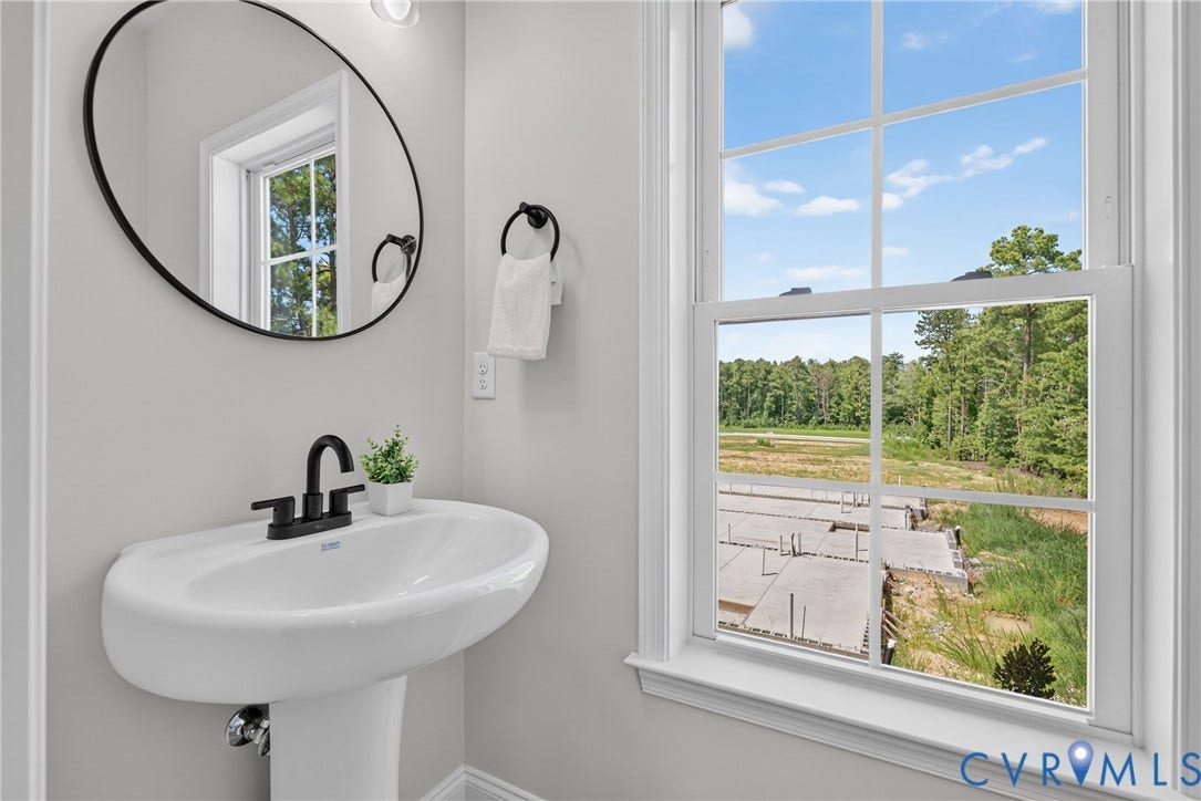 6537 Hardee Haven Place, Midlothian, VA 23112 Pedestal sink with matte black faucet, framed mirror, and natural light from a large window