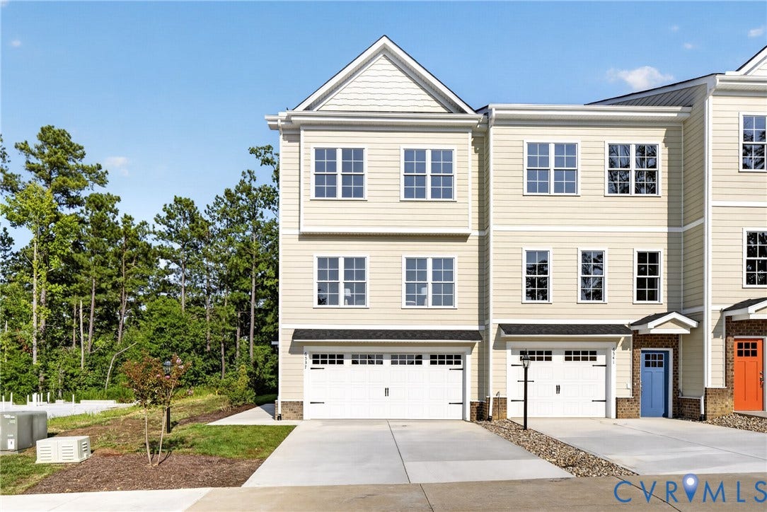 6537 Hardee Haven Place, Midlothian, VA 23112 Three-story facade with light-colored siding, multiple multi-pane windows, attached garage, and a blue entry door