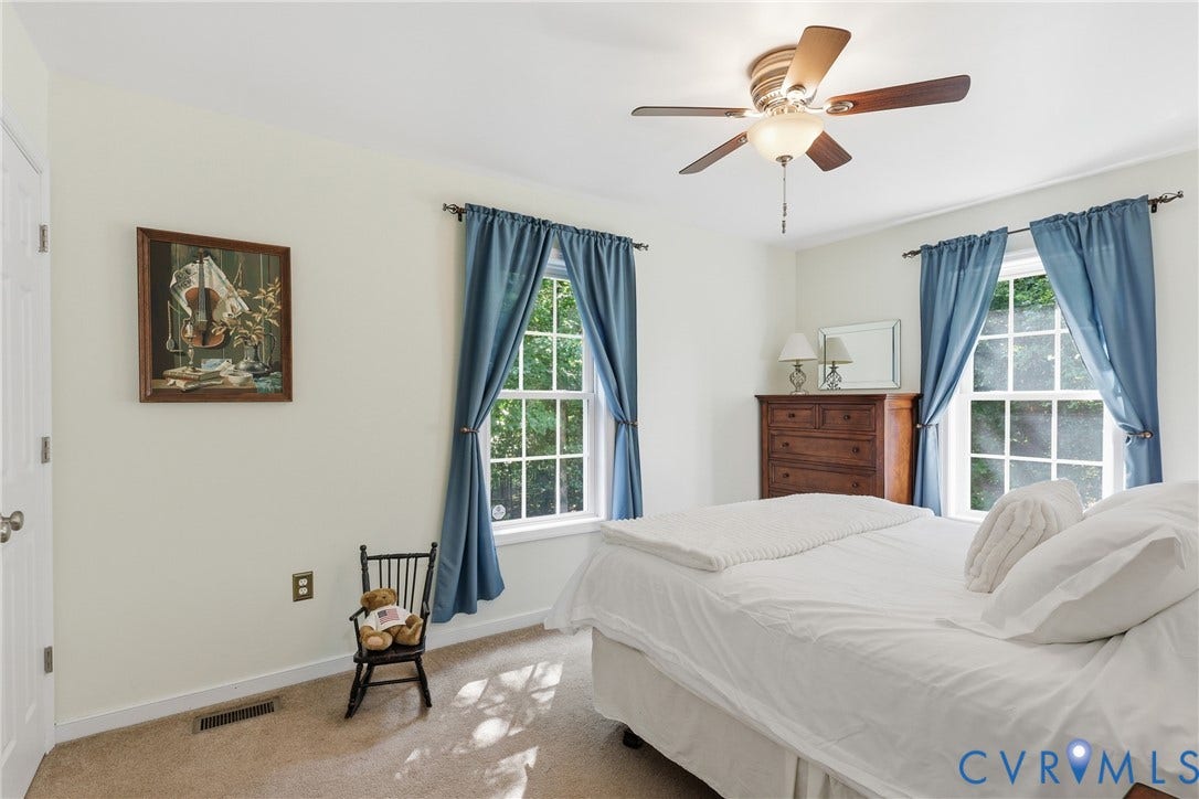 5295 Chimney Springs Drive, Saunders Acres, Goochland, VA 23063 Neutral wall color, carpeted flooring, two paneled windows, and a ceiling fan with integrated lighting