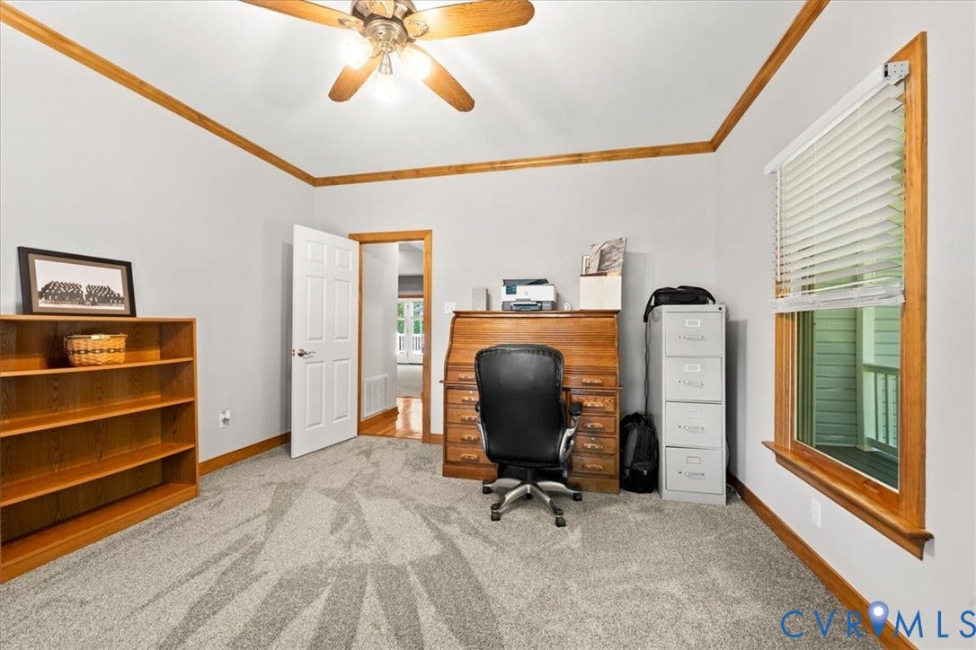 3060 Moyer Road, Powhatan, VA 23139 Recessed lighting, ceiling fan, wood-finish trim, window with blinds, and neutral carpeting