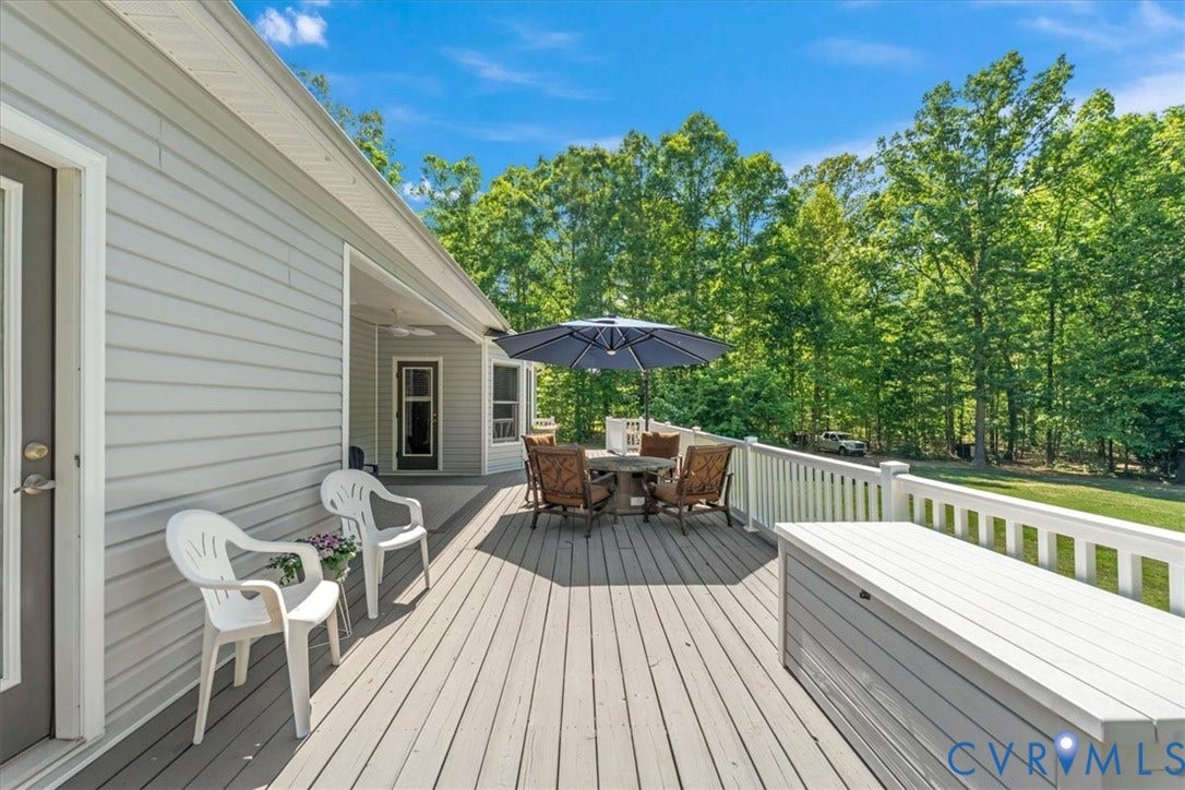 3060 Moyer Road, Powhatan, VA 23139 Expansive outdoor deck with composite decking, white railing, and a light gray siding exterior