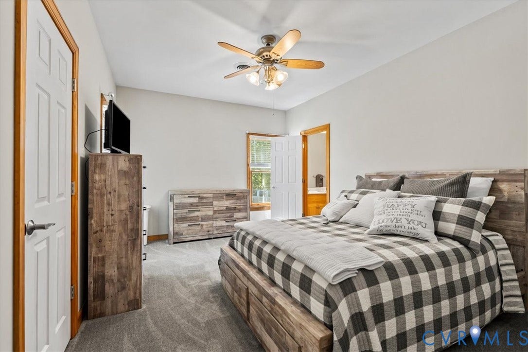 3060 Moyer Road, Powhatan, VA 23139 Vaulted ceiling with a ceiling fan, light gray wall paint, and gray carpeting