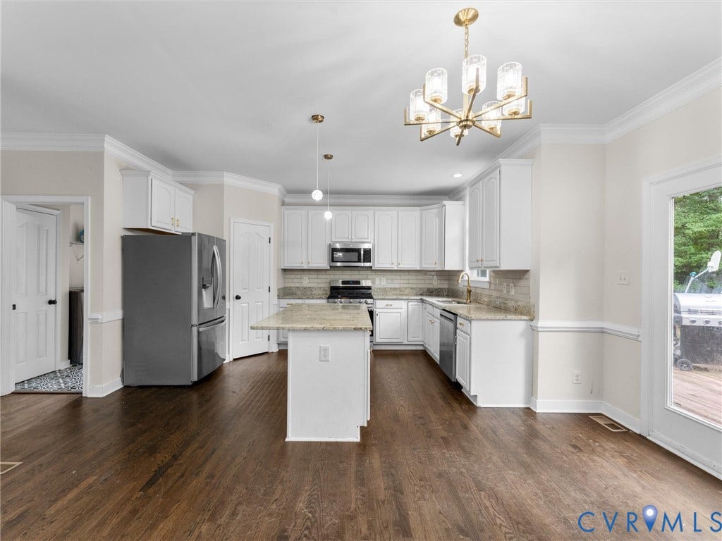 5017 Sadler Glen Place, Glen Allen, VA 23060 Hardwood-finish flooring, white cabinetry, a central island with a granite countertop, stainless steel appliances, and a decorative chandelier
