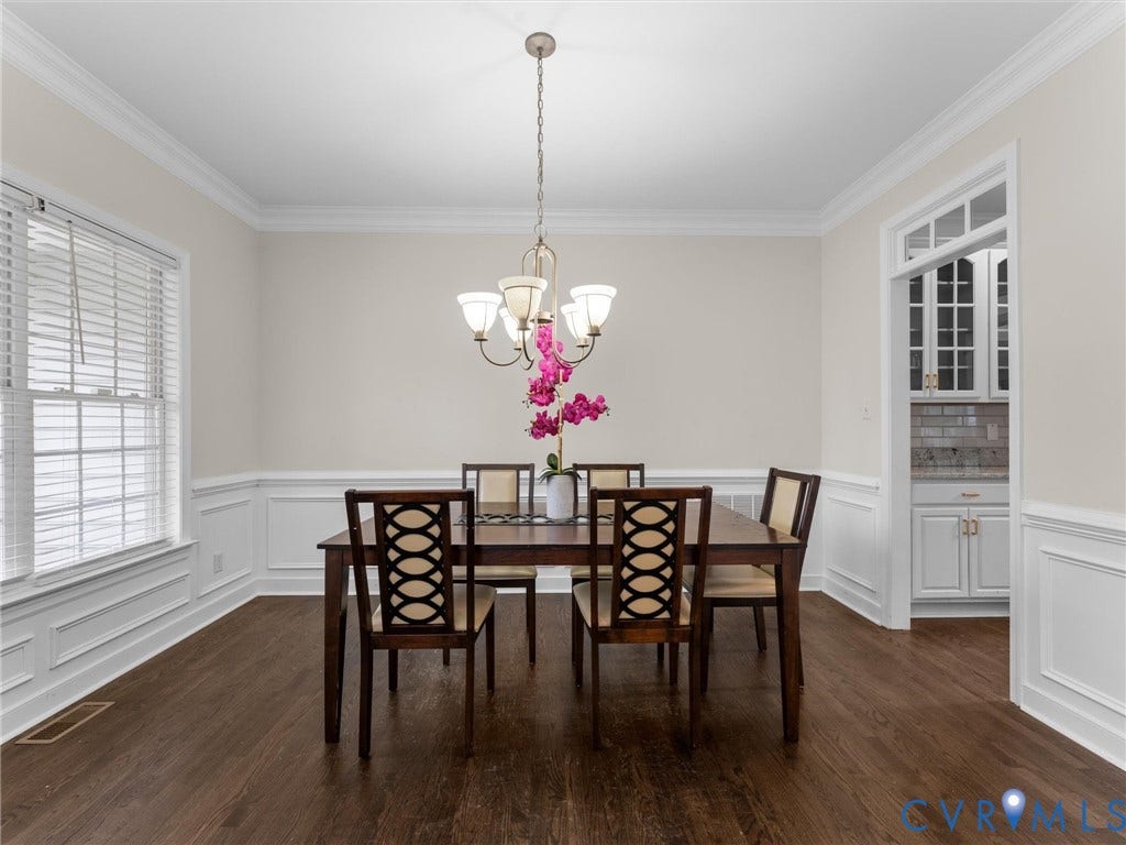 5017 Sadler Glen Place, Glen Allen, VA 23060 Dark wood-finish flooring with white wainscoting and crown molding
