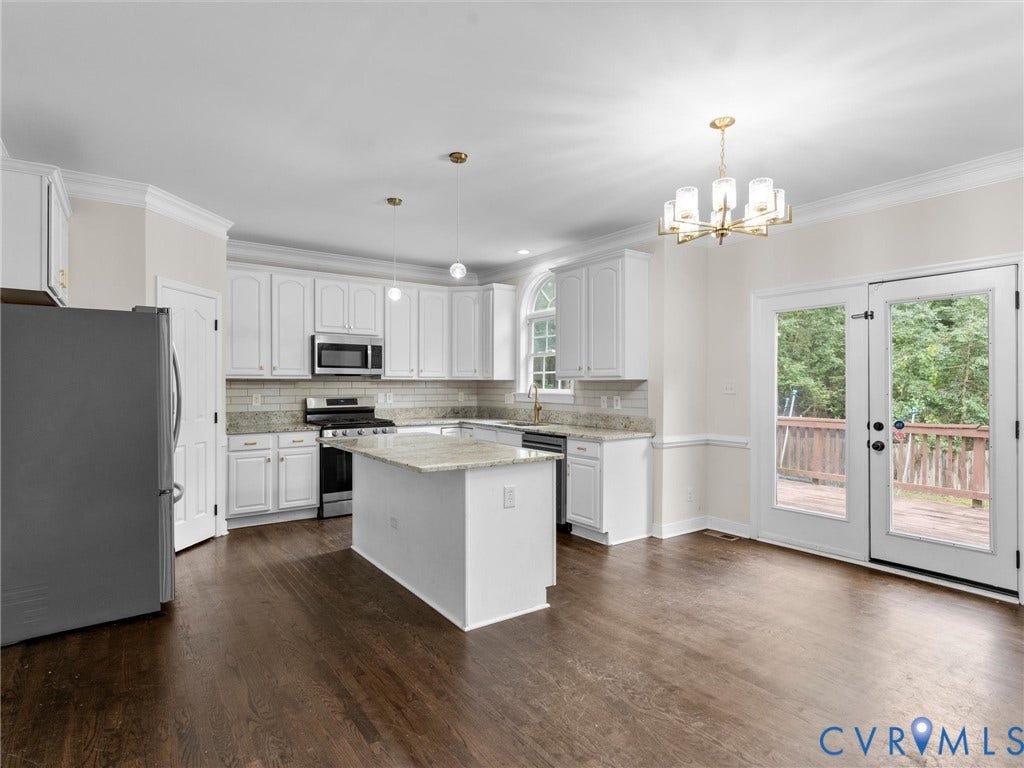 5017 Sadler Glen Place, Glen Allen, VA 23060 Gourmet kitchen with white cabinetry, stainless steel appliances, a center island, and wood-finish flooring