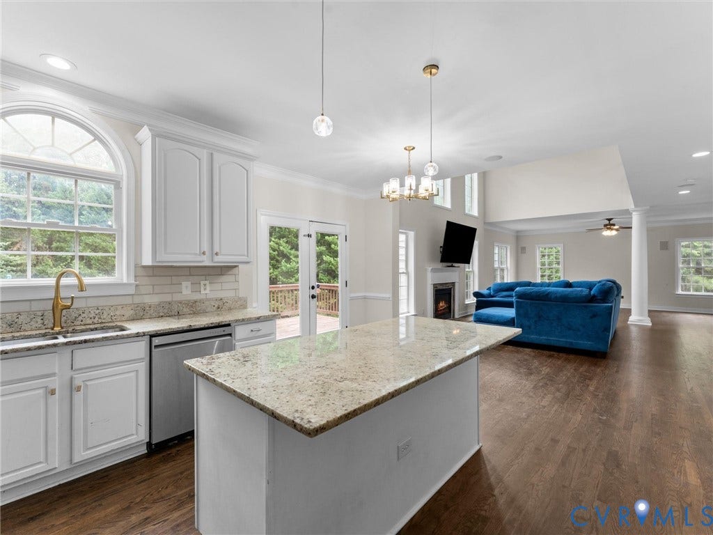 5017 Sadler Glen Place, Glen Allen, VA 23060 Kitchen island with granite countertop, white cabinetry, and stainless steel dishwasher