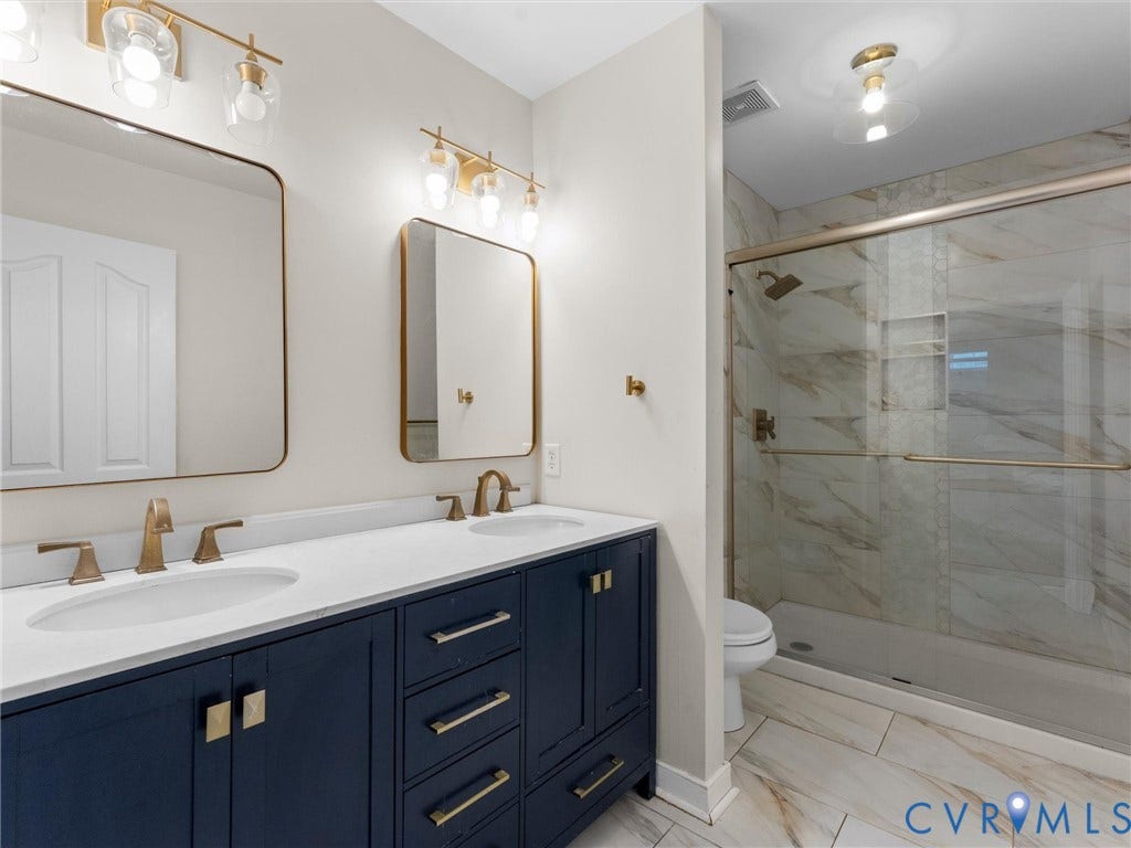 5017 Sadler Glen Place, Glen Allen, VA 23060 Dual vanity with a white countertop and navy cabinetry