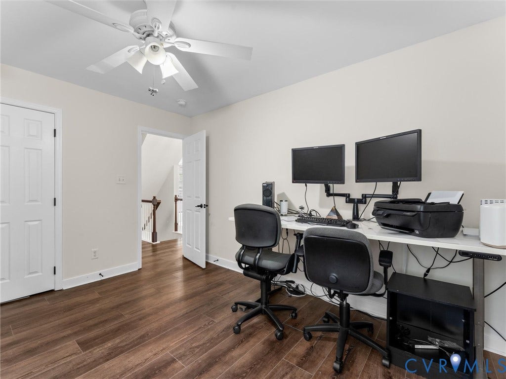 5017 Sadler Glen Place, Glen Allen, VA 23060 Wood-finish flooring throughout the room, white paneled doors, and a ceiling fan with integrated lighting