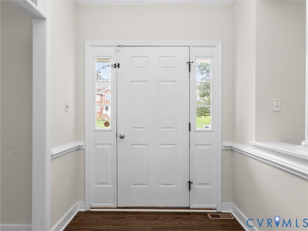 5017 Sadler Glen Place, Glen Allen, VA 23060 Entry door with side panel windows, wood-finish flooring, and white trim