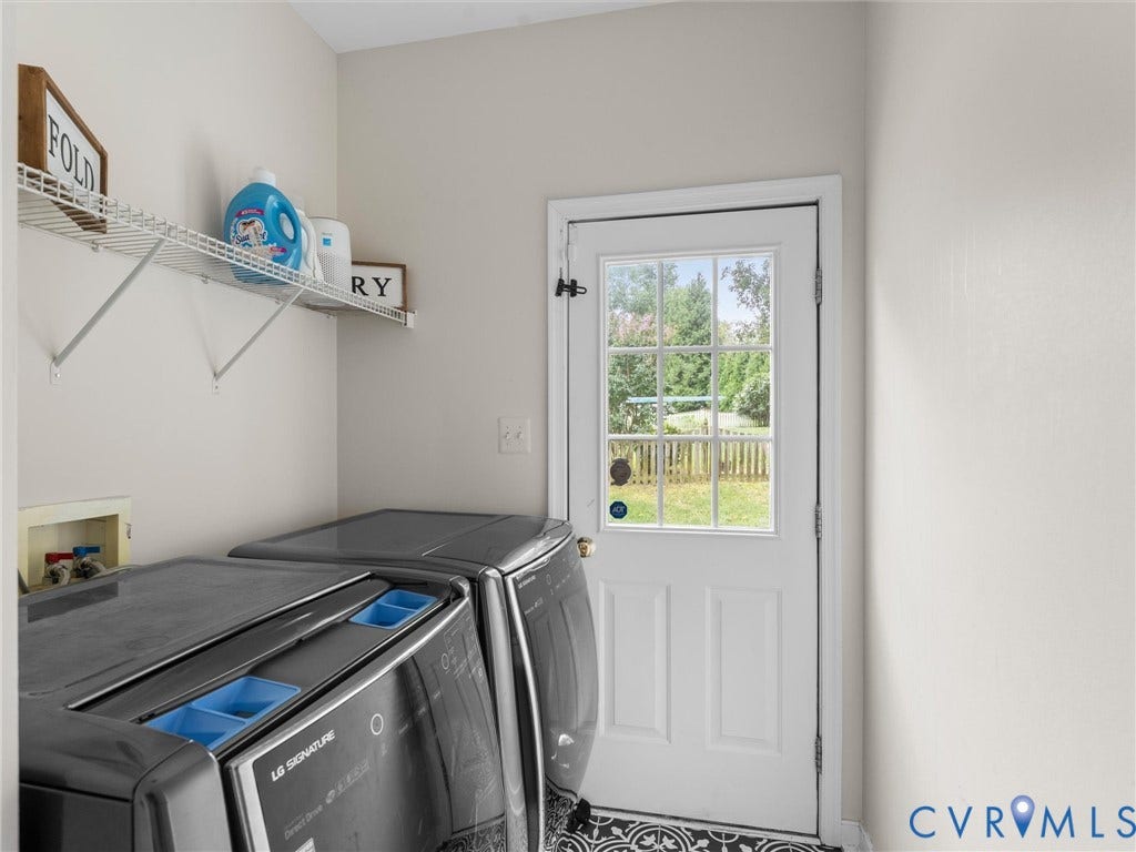 5017 Sadler Glen Place, Glen Allen, VA 23060 Laundry area featuring a patterned tile floor, a windowed exterior door, and a wall-mounted wire shelf