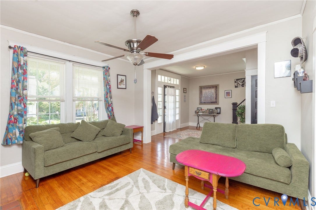2726 Hanes Avenue, Brookland Park, Richmond, VA 23222 Hardwood flooring, ceiling fan, white trim, recessed lighting, and a front entry door with glass panels