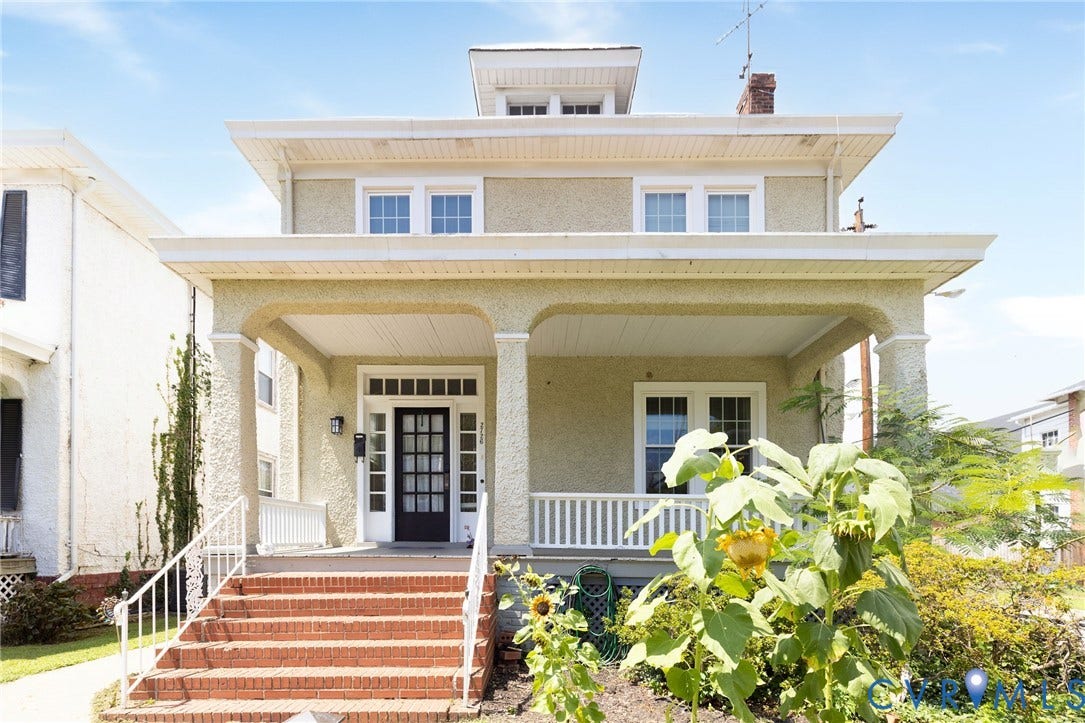 2726 Hanes Avenue, Brookland Park, Richmond, VA 23222 Stucco exterior with a covered porch, brick steps, white railing, and a multi-pane front door