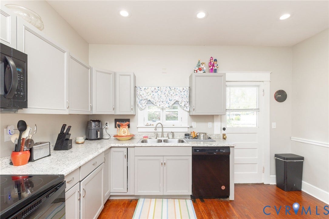 2726 Hanes Avenue, Brookland Park, Richmond, VA 23222 Kitchen featuring light gray cabinetry, speckled countertops, a double basin sink, and wood-finish flooring