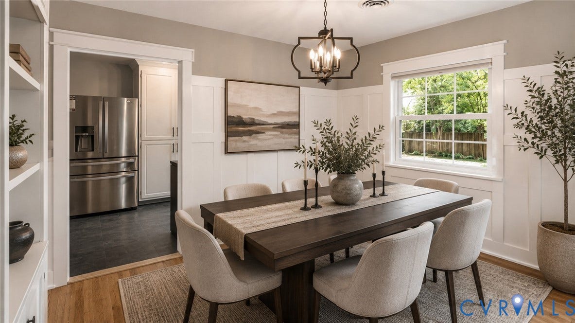 Dining area featuring wainscoting, wood-finish flooring, and a decorative light fixture