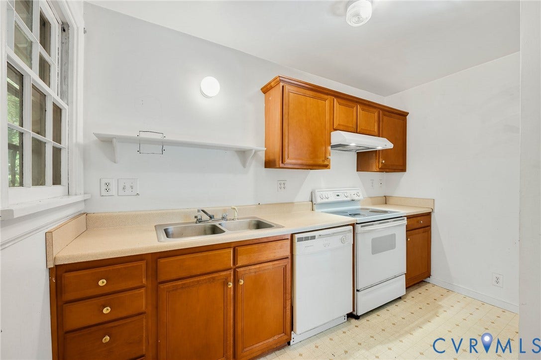 7107 Old Westham Road, Stratford Hills, Richmond, VA 23225 Kitchen featuring wood cabinetry, a double basin stainless steel sink, a white electric range, a white dishwasher, and a window with multiple panes