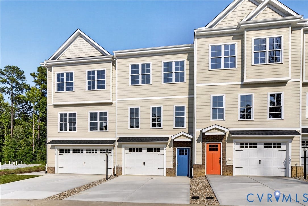 6541 Hardee Haven Place, Midlothian, VA 23112 Three-story townhome with light-colored siding, multiple multi-pane windows, individual attached garages, and direct-entry front doors
