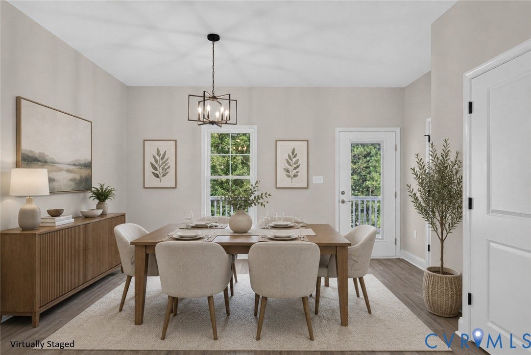 6541 Hardee Haven Place, Midlothian, VA 23112 Spacious dining area featuring wood-finish flooring, a contemporary chandelier, and a glass-paned exterior door