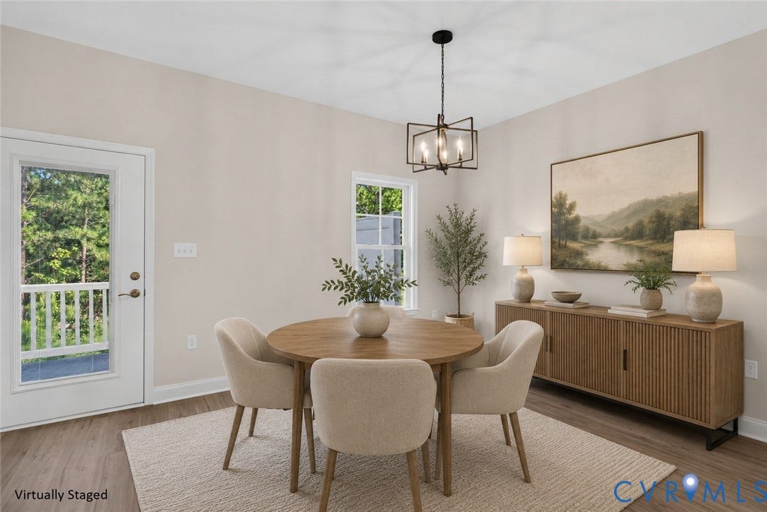 6545 Hardee Haven Place, Midlothian, VA 23112 Wood-finish flooring, a contemporary chandelier, and a built-in sideboard with fluted detailing
