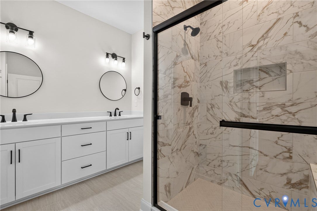 6545 Hardee Haven Place, Midlothian, VA 23112 Dual vanity with white cabinetry and matte black hardware