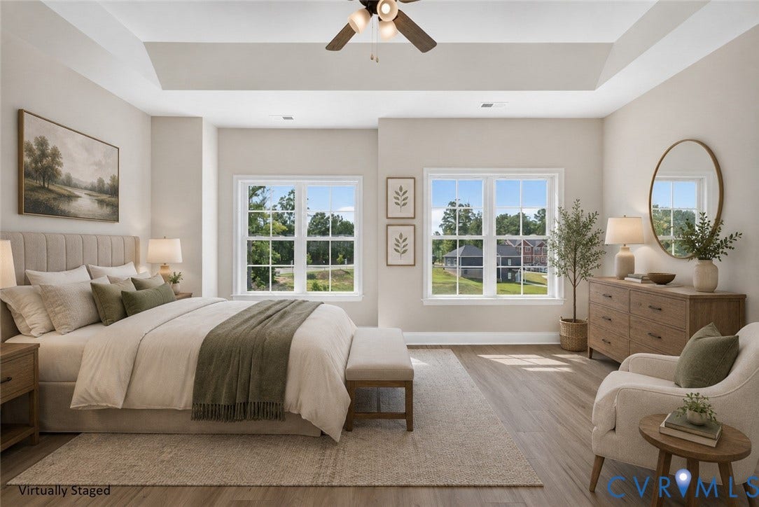 6545 Hardee Haven Place, Midlothian, VA 23112 Recessed tray ceiling with ceiling fan, wood-finish flooring, and multiple double-pane windows