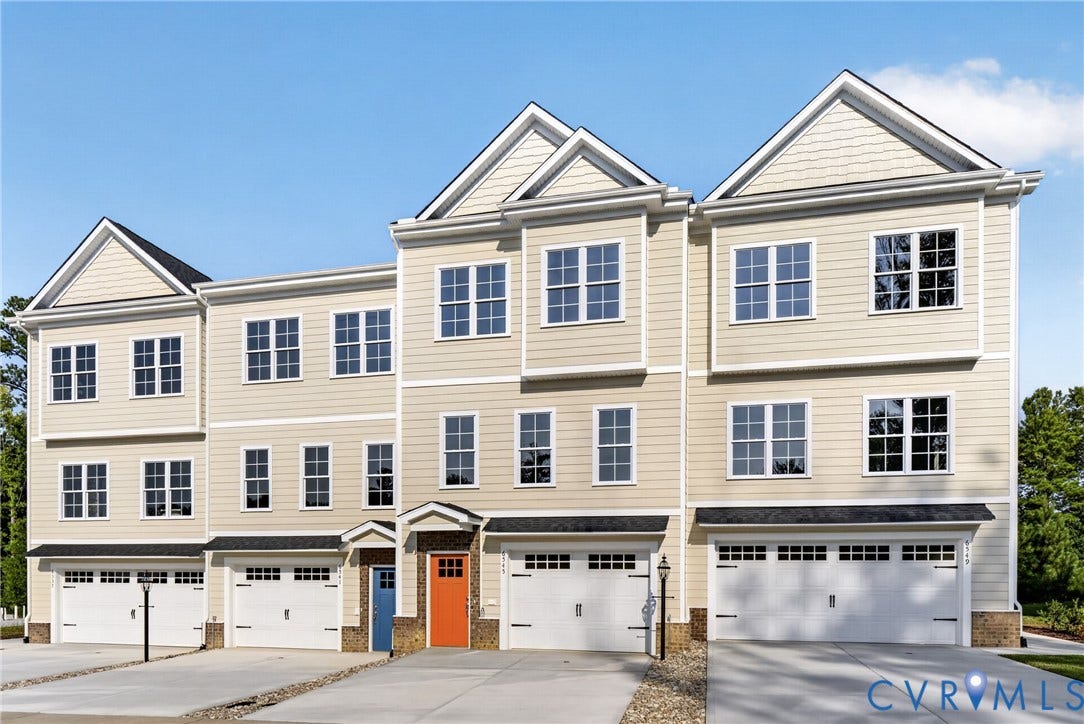 6545 Hardee Haven Place, Midlothian, VA 23112 Multi-story facade featuring light-toned siding, white-framed windows, and individual garage doors