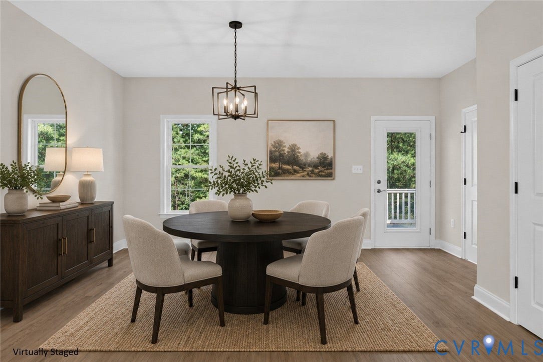 6549 Hardee Haven Place, Midlothian, VA 23112 Expansive dining area featuring wood-finish flooring, a contemporary chandelier, multiple windows, and a glass-paneled door
