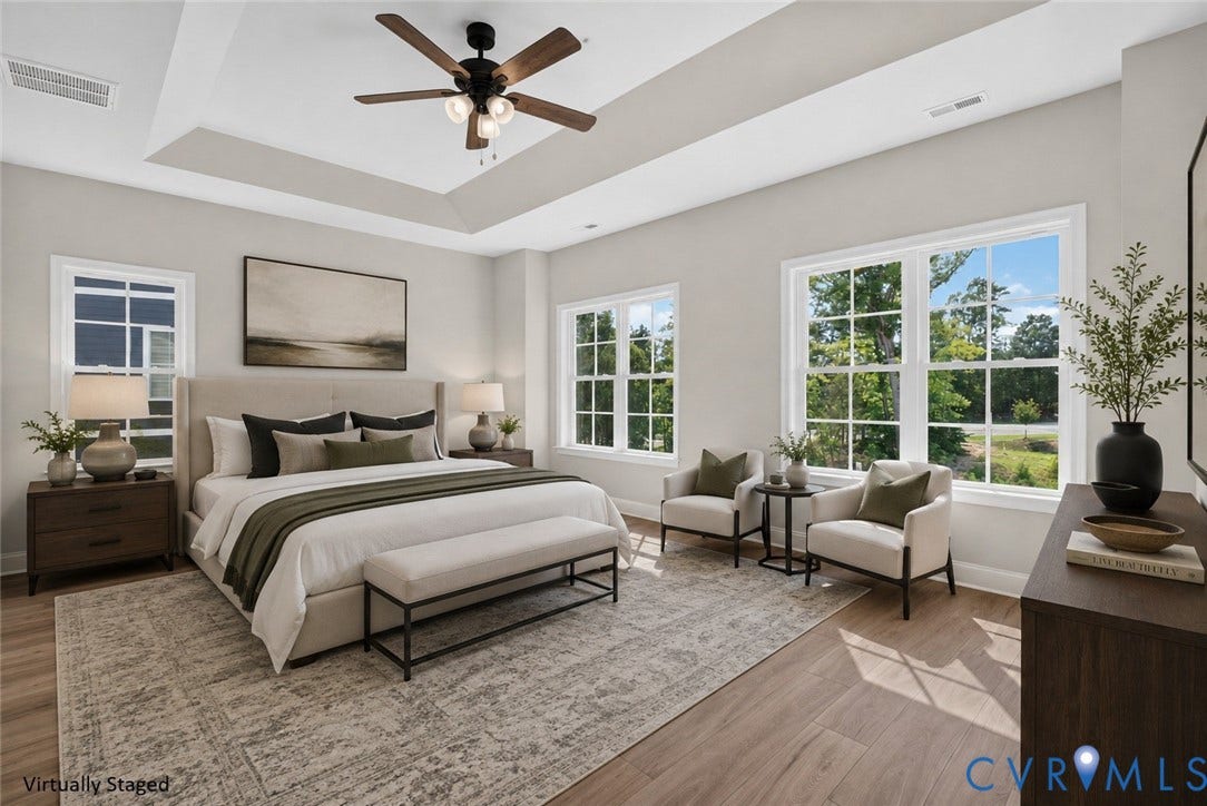 6549 Hardee Haven Place, Midlothian, VA 23112 Tray ceiling with a ceiling fan, wood-finish flooring, and multiple windows